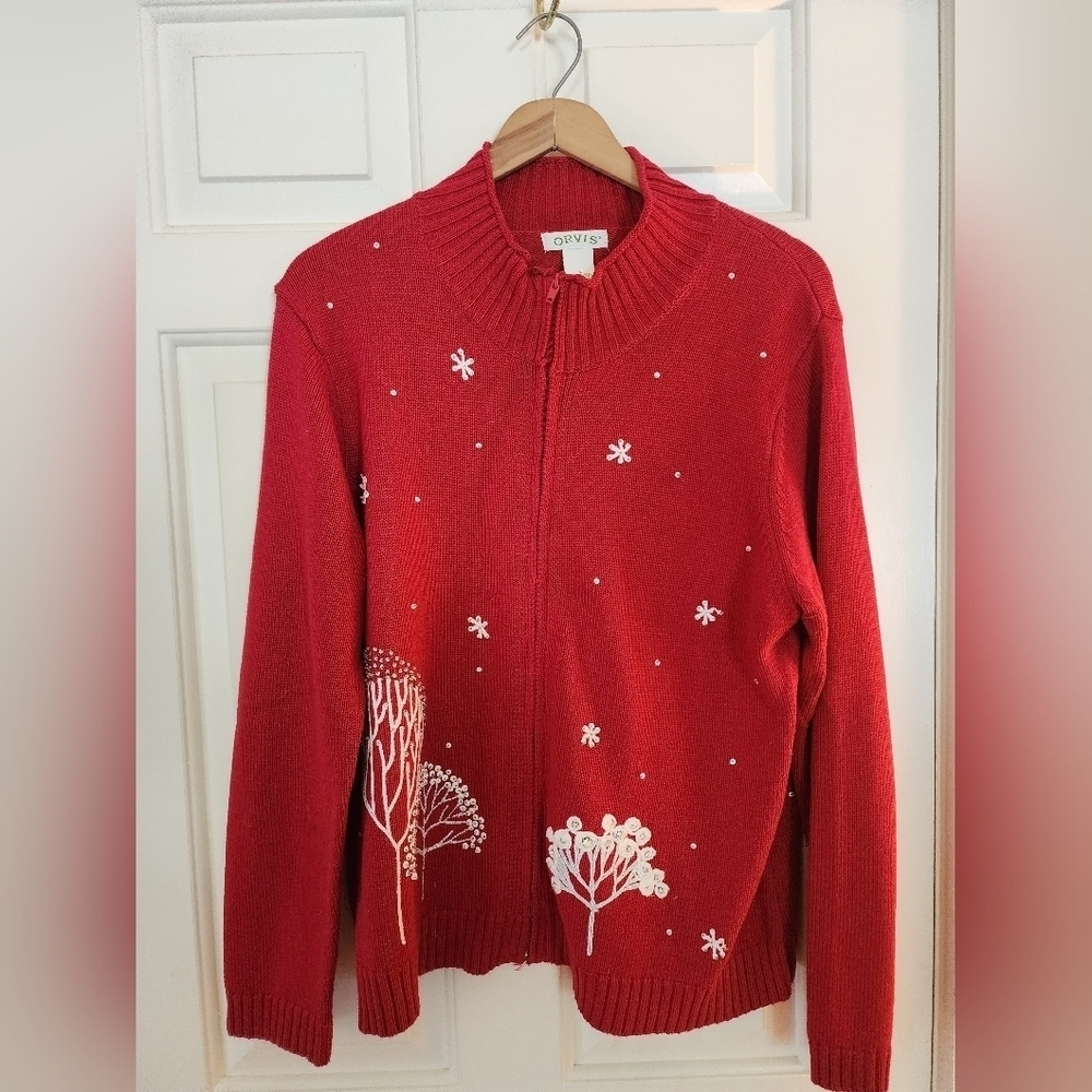 Orvis Red Winter Holiday Sweater Full Zip Embroidered Cotton Size Large Winter